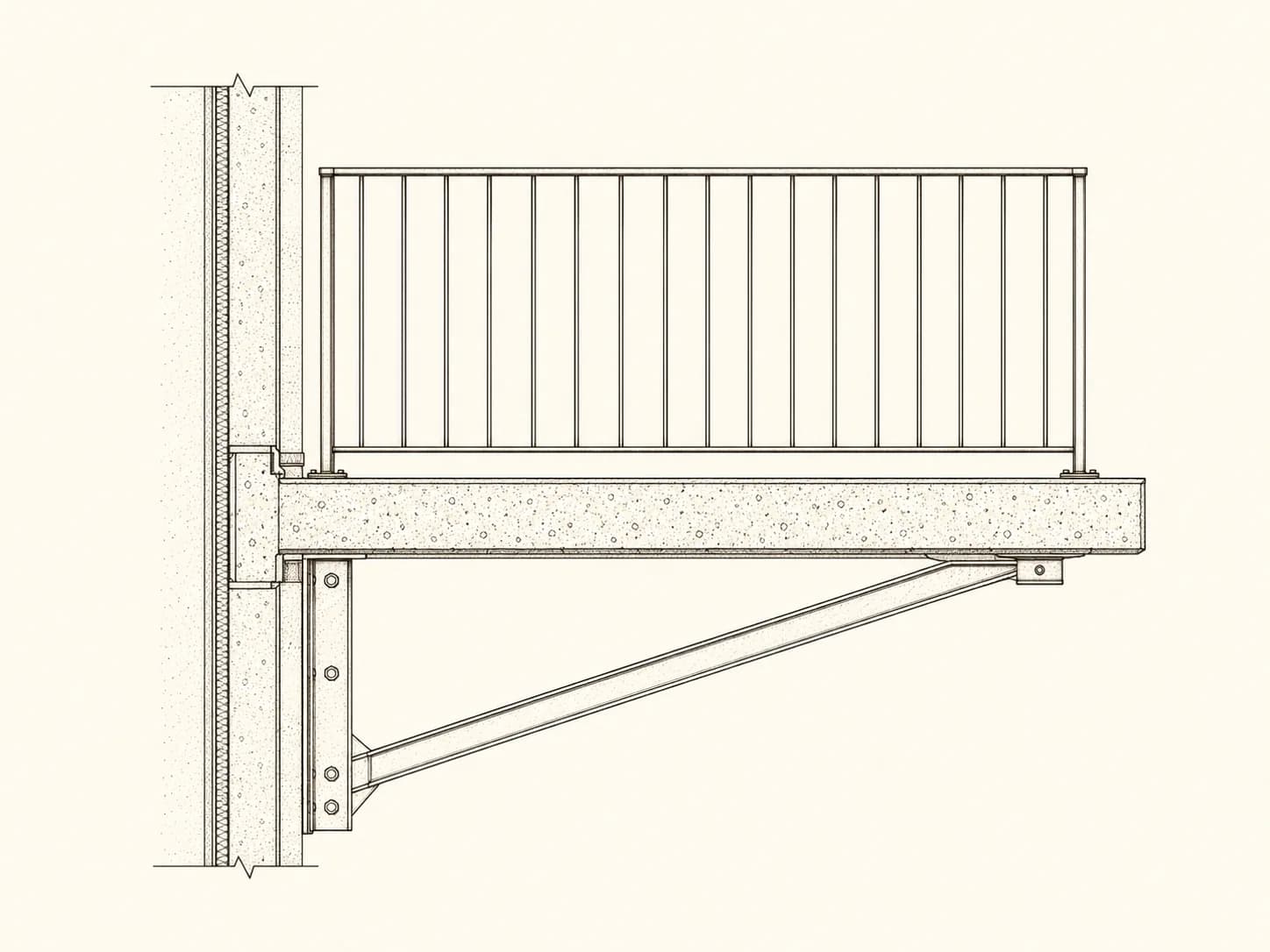 Auskragende Betonbalkonplatte mit Metallgeländer und Stützkonsole an der Außenwand – die Bauteile einer Balkonsanierung