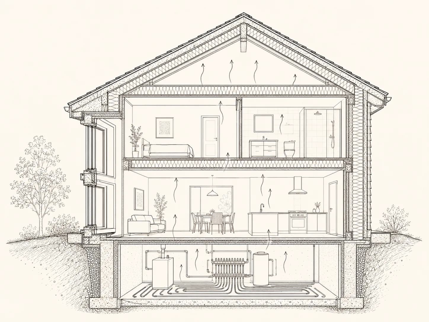 Technischer Bauschnitt eines Einfamilienhauses mit gedämmter Gebäudehülle, Fenstern und Heizungsanlage im Keller – die Bauteile, deren energetische Qualität der Energieausweis bewertet