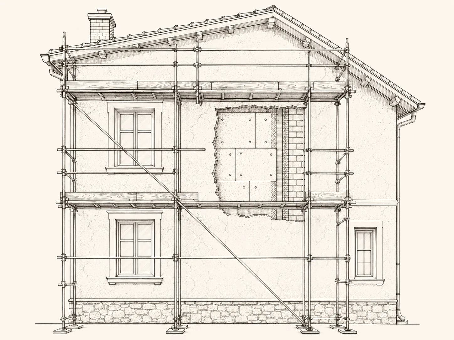 Hausfassade mit Baugerüst und freigelegtem Wärmedämm-Verbundsystem unter dem Putz – eine Fassadensanierung
