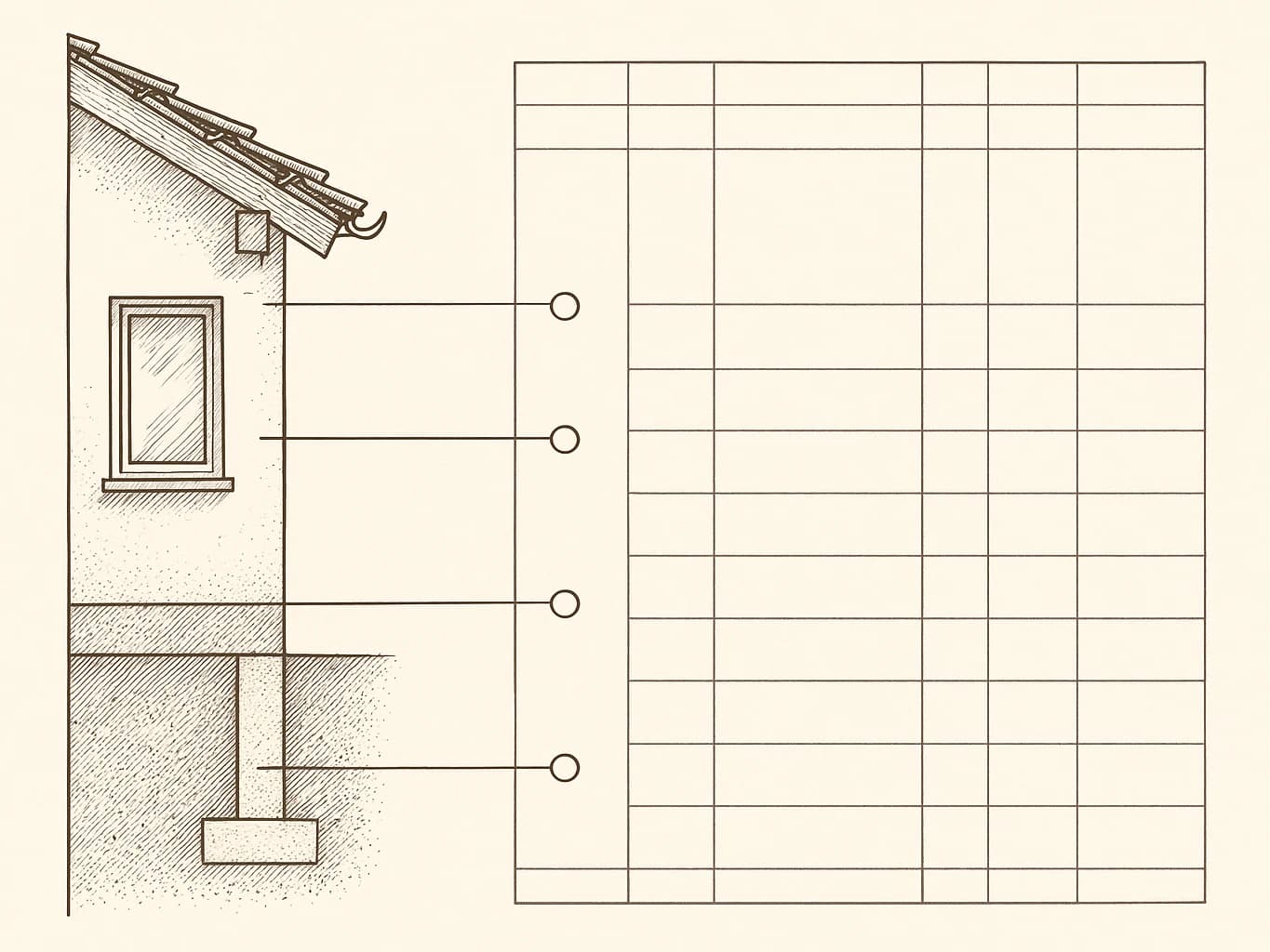 Technische Zeichnung einer Gebäudeanalyse: Wandschnitt mit Dachkante, Fenster, Sockel und Fundament, deren Prüfpunkte über Verweislinien in ein Erfassungsblatt übergehen