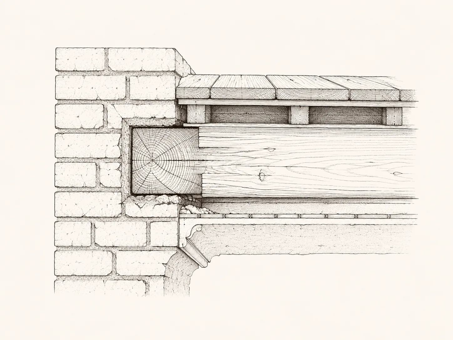 Technische Bauschnitt-Zeichnung einer Holzbalkendecke: Balkenkopf mit sichtbarem Hirnholz im Auflager einer Mauerwerkswand, darüber Dielung, darunter Putzdecke