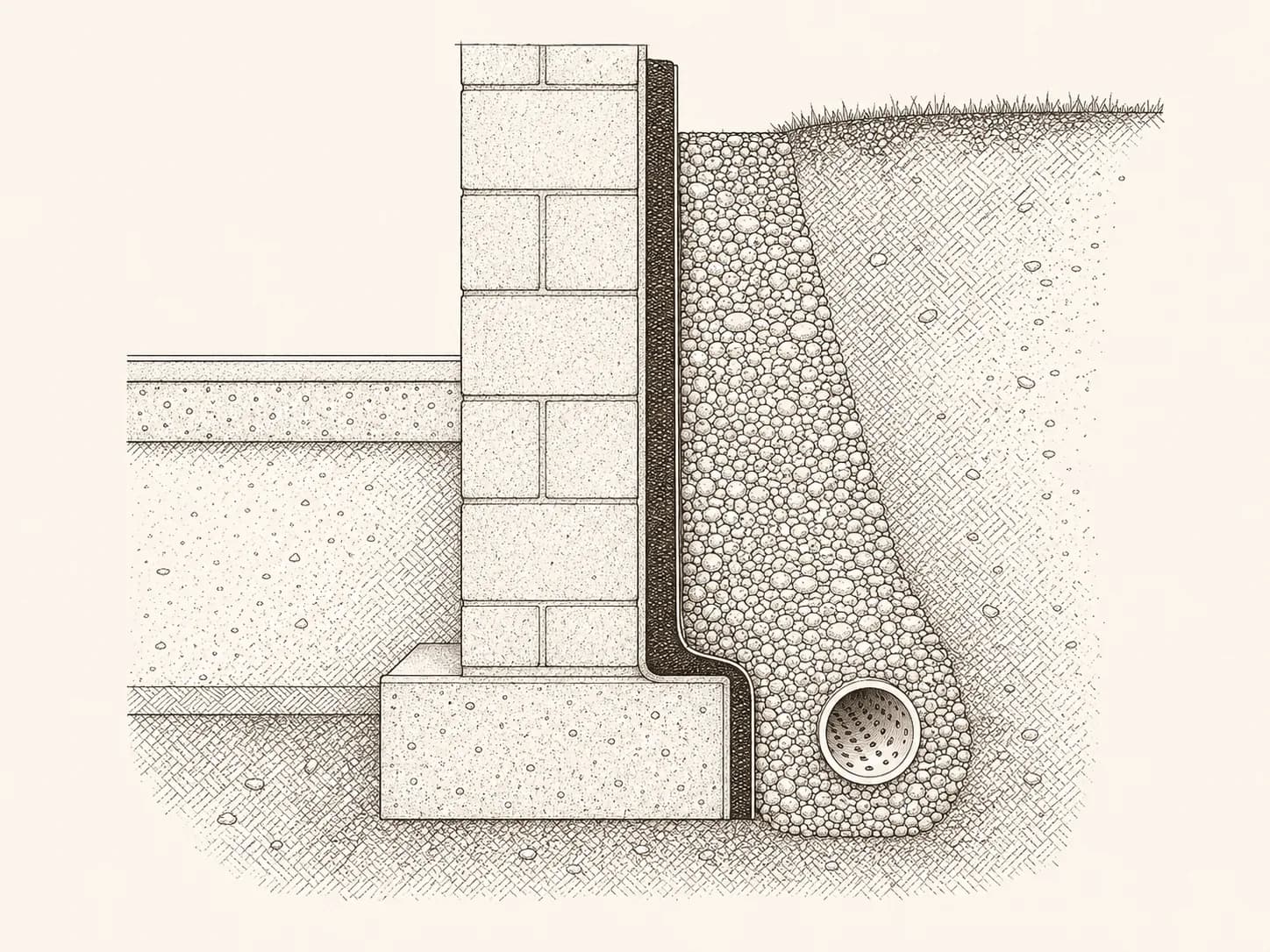 Erdberührte Kellerwand mit Außenabdichtung und Dränagerohr im Kiesbett am Fundament – die Methoden einer Kellersanierung