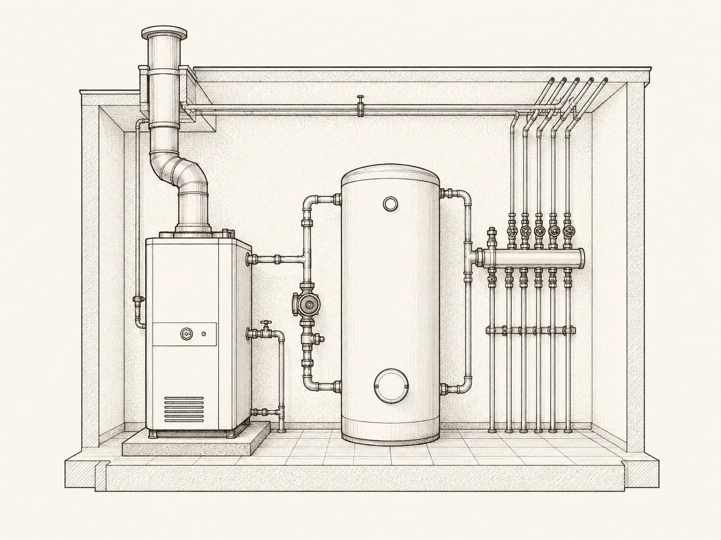 Technikraum im Schnitt mit Heizkessel, Warmwasserspeicher, Umwälzpumpe und Rohrverteiler – Bauteile mit sehr unterschiedlichen Lebensdauern nebeneinander