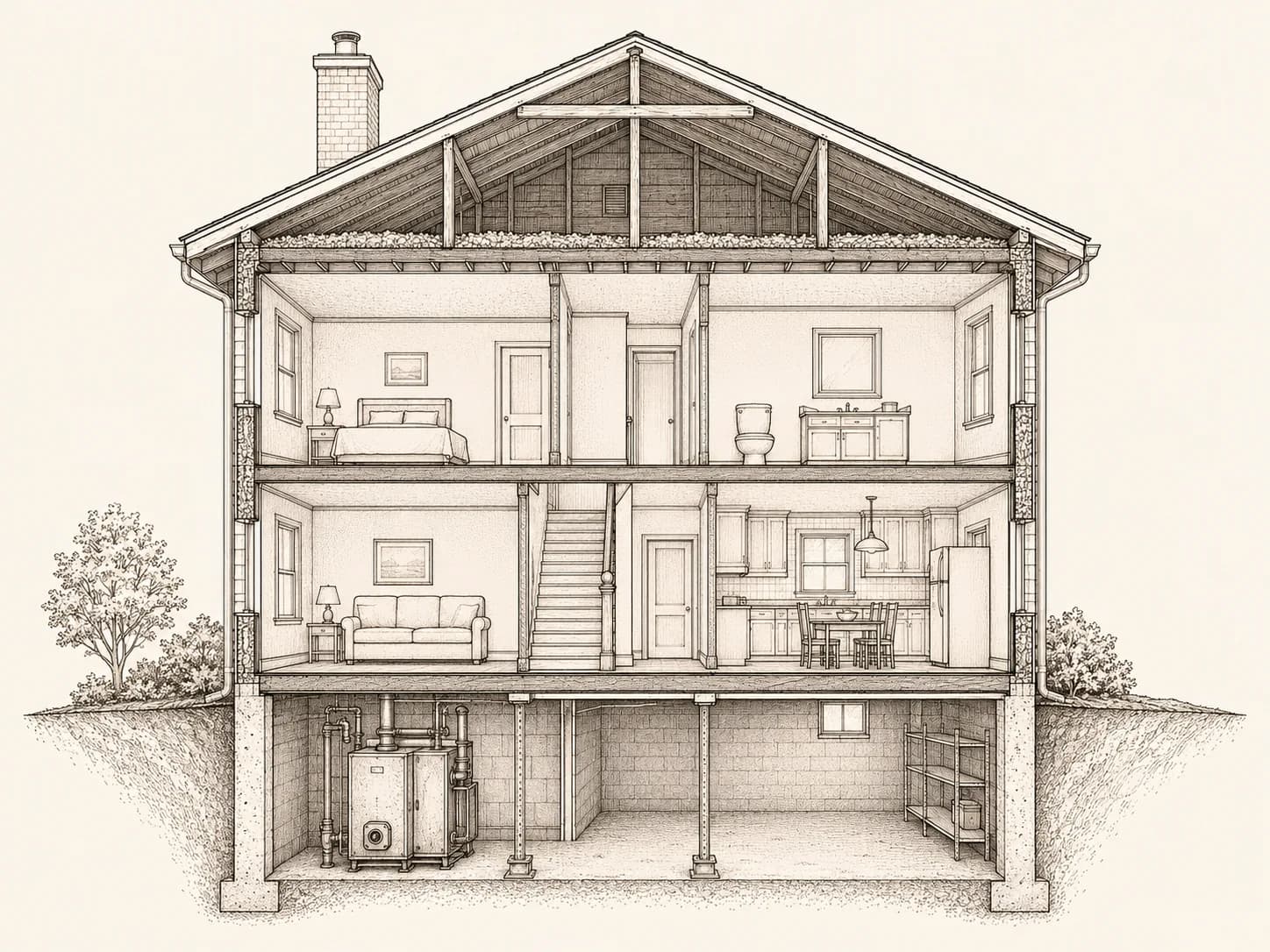 Architektonischer Querschnitt eines Wohnhauses mit gedämmter oberster Geschossdecke unter dem Dach und altem Heizkessel im Keller – den Bauteilen, die beim Hauskauf energetisch geprüft werden