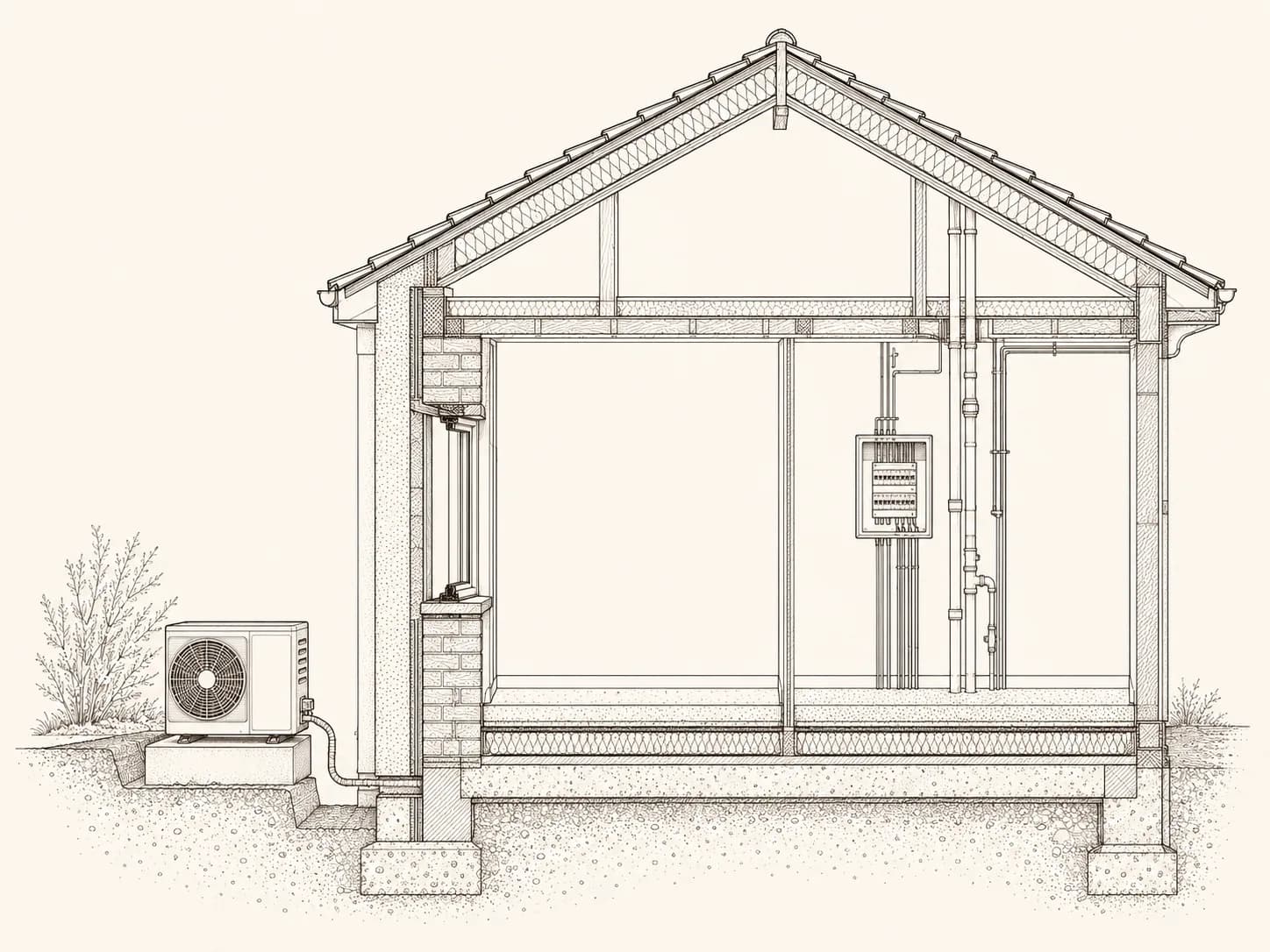 Architektonischer Querschnitt eines Altbaus mit den erneuerten Gewerken einer Sanierung: Dach mit Dämmung, Außenwand, neues Fenster, Wärmepumpe, Elektro-Verteilung und Steig-/Sanitärleitungen.