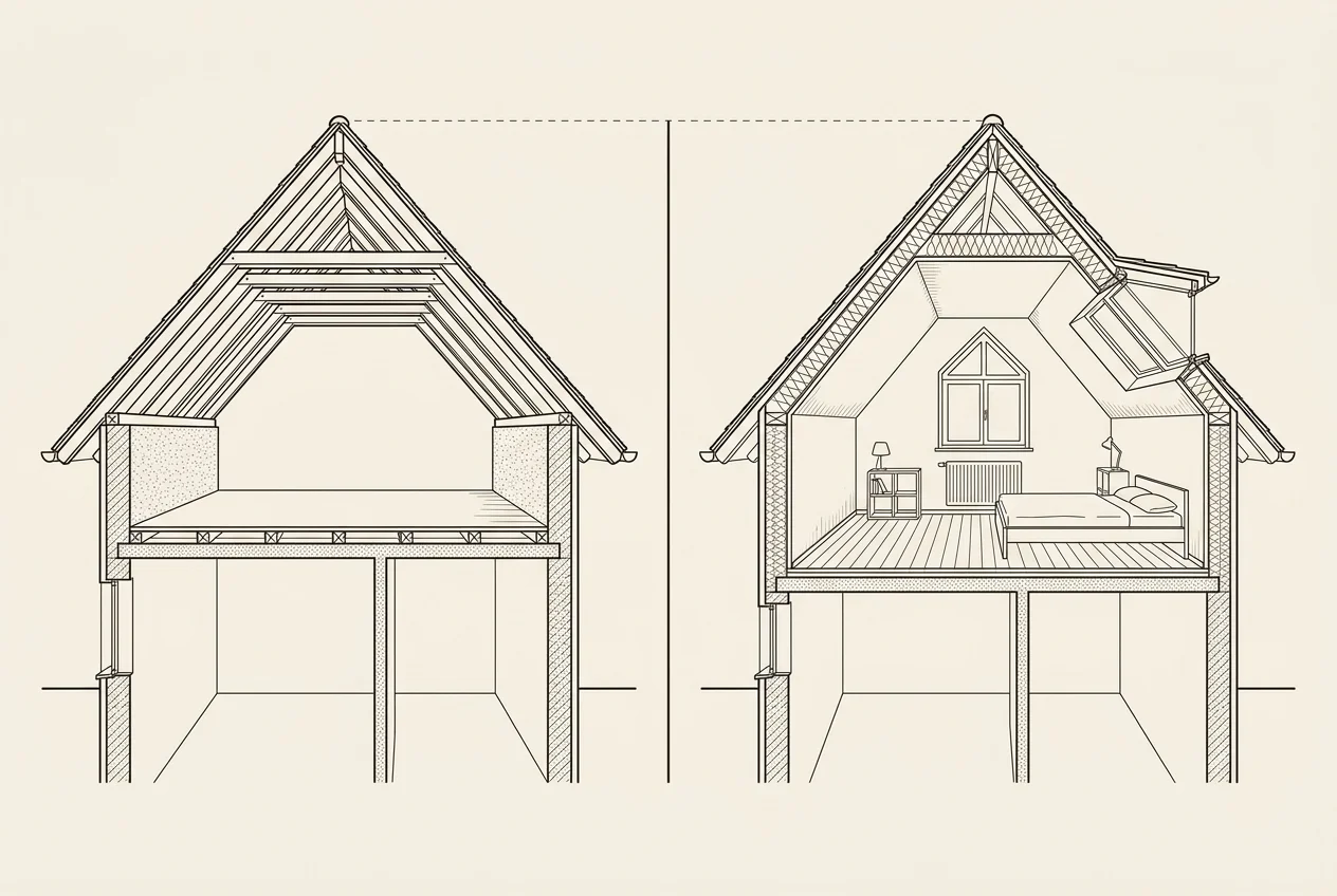 Zweigeteilte Zeichnung eines Dachgeschosses: links im Bauplan als ungenutzter Spitzboden, rechts derselbe Dachraum mit nachträglicher Gaube, Dämmung und Fenster als Wohnraum ausgebaut