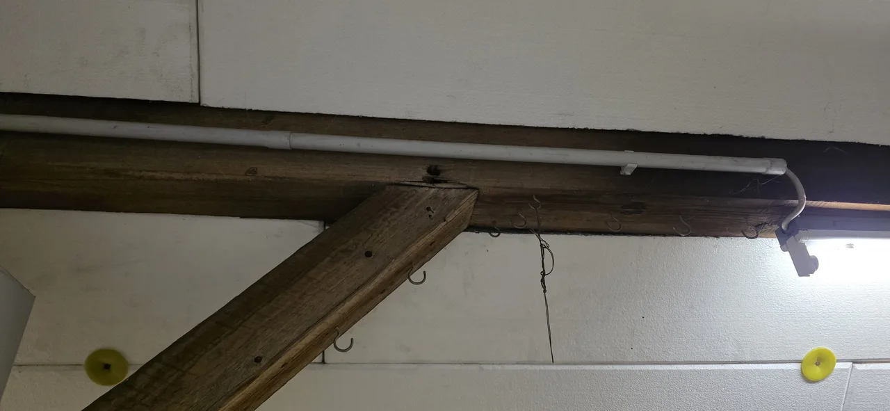 Detail einer Holzpfette mit schräger Strebe, Leerrohr, Haken und kleinen Löchern im Holz vor hellen Dämmplatten