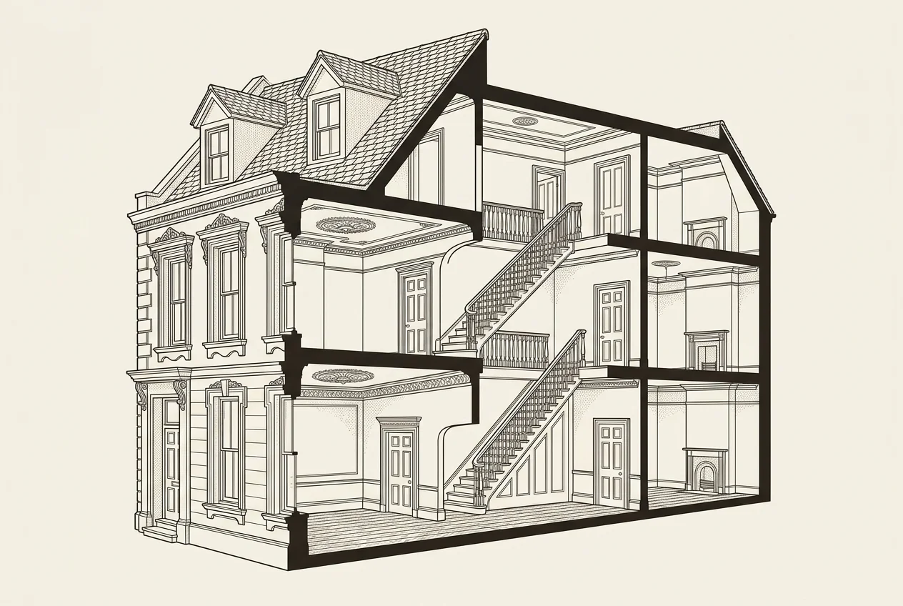 Aufgeschnittene Zeichnung eines historischen Stadthauses mit Stuckfassade, Dachgauben, Holztreppe, Stuckdecke und Kassettentüren